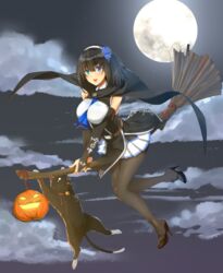  bell black_hair black_pantyhose blue_eyes blue_flower blue_rose blush breasts broom broom_riding collar commentary feline female flower full_moon green_eyes hairband heterochromia high_heels highres jack-o&#039;-lantern large_breasts looking_at_viewer moon neck_bell night night_sky open_mouth original pantyhose pumpkin rose skirt sky smile solo teeth ukeuke white_skirt witch 