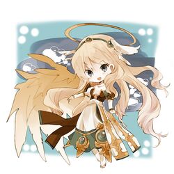  :d angel archangel_(p&amp;d) barefoot blonde_hair chibi commentary_request dress female grey_eyes hairband halo head_wings long_hair minako_(gazekura) no_eyewear open_mouth puzzle_&amp;_dragons smile solo toeless_legwear very_long_hair wings 