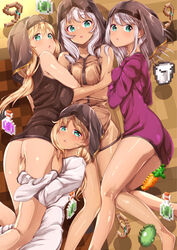  4girls amasora_taichi aqua_eyes ass bad_id bad_pixiv_id bare_arms bare_legs blonde_hair bottomless breasts commentary_request crossed_arms gameplay_mechanics girl_sandwich highres hood hugging_another&#039;s_leg hugging_own_legs long_hair long_sleeves looking_at_viewer low_ponytail lying medium_breasts minecraft multiple_girls naked_shirt on_back on_side original sandwiched shirt siblings silver_hair sisters sleeveless sleeveless_shirt small_breasts very_long_hair villager_(minecraft) 