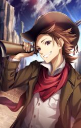  1boy bandana billy_the_kid blue_sky breast_pocket brown_eyes brown_hair brown_hat brown_jacket commentary_request day grin gun hat holding holding_gun holding_weapon jacket male_focus official_art outdoors pocket sekai_no_rekishi_jinbutsu_jiten sky smile standing tokumaru upper_body weapon 