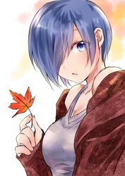  bare_shoulders blue_hair breasts chii_(sbshop) collarbone commentary_request dot_nose eyes_visible_through_hair female grey_shirt hair_over_one_eye holding holding_leaf jacket kirishima_touka leaf looking_at_viewer medium_breasts multicolored_background open_mouth purple_eyes red_jacket shirt short_hair solo tokyo_ghoul 