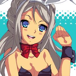  :d animal_ears avril_vent_fleur bare_shoulders blue_eyes bow bowtie breasts cleavage enoo fake_animal_ears female grey_hair hand_up jaggy_lines long_hair lowres oekaki open_mouth playboy_bunny rabbit_ears red_bow red_bowtie smile solo teeth upper_body wild_arms wild_arms_5 wrist_cuffs 