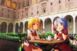  2girls bat_wings blonde_hair blue_hair boston chair commentary_request cup cupcake dress fangs flandre_scarlet food freeze-ex hair_ribbon looking_at_viewer multiple_girls open_mouth red_eyes remilia_scarlet ribbon short_hair siblings side_ponytail sisters sitting smile table teacup teapot tiered_tray touhou wings wrist_cuffs 