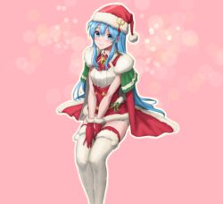  aqua_hair athenawyrm blue_eyes blue_hair blush cape christmas commentary dress eirika_(fire_emblem) eirika_(winter)_(fire_emblem) female fire_emblem fire_emblem:_the_sacred_stones fire_emblem_heroes gloves hat long_hair looking_at_viewer santa_costume skirt smile solo thighhighs zettai_ryouiki 