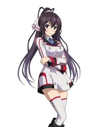  black_hair blue_eyes blue_ribbon crossed_arms female hair_between_eyes hair_ribbon high_ponytail highres infinite_stratos infinite_stratos_academy_school_uniform long_hair looking_at_viewer military military_uniform miniskirt neck_ribbon ribbon school_uniform shinonono_houki simple_background skirt smile solo standing thighhighs uniform very_long_hair white_background white_ribbon white_thighhighs 