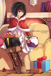  2013 :3 artist_name bad_id bad_pixiv_id black_hair black_thighhighs book boots brown_footwear christmas christmas_present clock couch cross-laced_footwear dress english_text female fireplace full_body gift highres indoors knee_boots lace-up_boots legs_together looking_at_another looking_down merry_christmas on_couch original paradise_(swd3e2) parted_lips photoshop_(medium) plant potted_plant red_eyes santa_costume short_hair sitting solo stuffed_toy swd3e2 thighhighs white_dress wooden_floor 