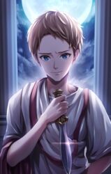  1boy ancient_greek_clothes blue_eyes chiton commentary_request full_moon glint greco-roman_clothes knife looking_at_viewer male_focus marcus_junius_brutus moon night official_art roman_clothes sekai_no_rekishi_jinbutsu_jiten toga tokumaru tunic upper_body 