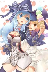  2girls blonde_hair blue_eyes blue_hair breasts cleavage commentary_request fantasy_earth fantasy_earth_zero food hat hug ice_cream long_hair medium_breasts multiple_girls red_eyes ryouku short_hair sorcerer_(binoche_outfit)_(fantasy_earth_zero) sorcerer_(fantasy_earth_zero) thighhighs witch_hat 