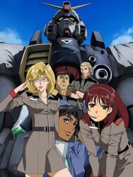  2boys 3girls anish_lofman annie_brevig black_hair blonde_hair blue_eyes brown_eyes brown_hair crossed_arms dark_skin earth_federation glasses gloves green_eyes ground_gundam gundam gundam_lost_war_chronicles hat headset larry_radley mecha military_uniform multiple_boys multiple_girls noel_anderson official_art rachel_milsteen salute uniform 