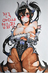  adultonly bad_id bad_pixiv_id bare_shoulders bat_wings black_hair blush bracer breasts covering_breasts covering_privates female highleg horns korean_text large_breasts long_hair looking_at_viewer mabinogi mabinogi_heroes marker_(medium) original pantyhose player_character_(mabinogi_heroes) ponytail red_eyes solo sweat torn_clothes torn_pantyhose traditional_media wings 