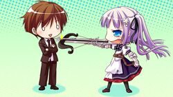  arima_yousuke blue_eyes blush brown_hair chibi female game_cg ko~cha purple_hair witch&#039;s_garden yukimura_akeno 