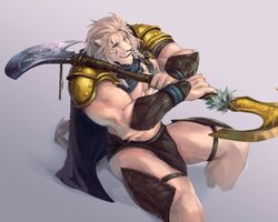  2018 ajani_goldmane anthro armor biceps big_muscles cape clothing digital_media_(artwork) felid fur hair hasbro kuron lion magic:_the_gathering male mammal muscular muscular_anthro muscular_male pantherine pecs scar simple_background solo unconvincing_armor weapon white_body white_fur wizards_of_the_coast 