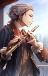  1boy blue_eyes brown_vest character_request commentary_request flute holding holding_instrument instrument looking_outside looking_to_the_side male_focus official_art sekai_no_rekishi_jinbutsu_jiten solo standing tokumaru upper_body vest white_hair 