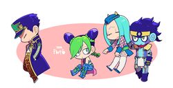  2boys aqua_hair blue_hair boots braid chains chibi closed_eyes coat commentary_request double_bun father_and_daughter female fishnets green_hair hair_bun hanaichi_(hana13) hat jojo_no_kimyou_na_bouken kujo_jolyne kujo_jotaro long_hair multicolored_hair multiple_boys narciso_anasui open_mouth pout single_braid stand_(jojo) star_platinum stone_ocean thigh_boots thighhighs two-tone_hair wavy_mouth white_footwear 