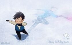  1boy animal black_hair black_pants canine character_name closed_eyes commentary commentary_request dated english_commentary full_body gloves hachibani happy happy_birthday ice image_sample katsuki_yuuri long_sleeves makkachin male_focus one_leg_raised open_mouth pants reflection shadow short_hair skating smile standing tumblr_sample yuri!!!_on_ice 