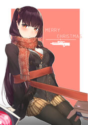  absurdres alternate_costume black_coat black_jacket black_pantyhose blush bondage bondage bound breasts brown_coat brown_skirt bullpup closed_mouth coat commentary dinergate_(girls&#039;_frontline) embarrassed female girls&#039;_frontline gloves gun hair_ornament hair_ribbon highres jacket large_breasts leg_up long_hair looking_at_viewer necktie non-humanoid_robot official_alternate_costume one_side_up outline pantyhose print_scarf purple_hair red_eyes red_necktie red_ribbon red_scarf ribbon rifle robot sangvis_ferri scarf shirt sidelocks simple_background sitting skirt sniper_rifle thighband_pantyhose tittu underwear very_long_hair wa2000_(date_in_the_snow)_(girls&#039;_frontline) wa2000_(girls&#039;_frontline) walther walther_wa_2000 weapon white_outline white_shirt 