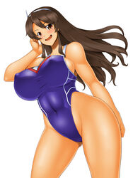  ashigara_(kancolle) breasts brown_eyes brown_hair commentary_request competition_swimsuit female hairband kantai_collection kawanuma_uotsuri large_breasts long_hair oerba_yun_fang one-piece_swimsuit solo standing swimsuit 