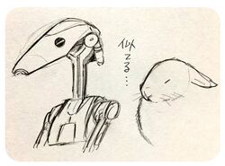  2015 b1_battle_droid battle_droid closed_eyes comparison ears_down fur guide_lines ichthy0stega japanese_text lagomorph leporid long_ears machine mammal pivoted_ears rabbit robot sketch_page star_wars text translated whiskers 