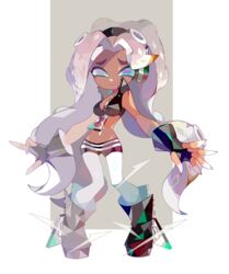  amakusa_(hidorozoa) black_footwear black_gloves blue_eyes boots breasts cephalopod_eyes closed_mouth commentary_request crop_top dark-skinned_female dark_skin female fingerless_gloves full_body gloves grey_background headphones highres long_hair looking_at_viewer marina_(splatoon) medium_breasts mole mole_under_eye octoling pantyhose partial_commentary pigeon-toed shorts smile solo splatoon_(series) splatoon_2 standing tentacle tentacle_hair very_long_hair white_pantyhose 