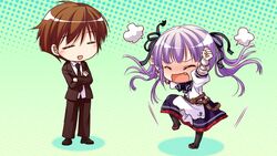  arima_yousuke blush brown_hair chibi closed_eyes female game_cg ko~cha purple_hair witch&#039;s_garden yukimura_akeno 