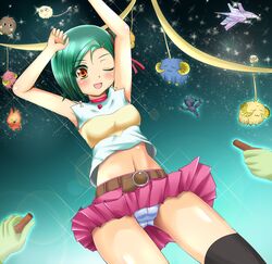  blush duel_angel female green_hair highres mizuki_kotori_(yuu-gi-ou_zexal) panties striped striped_panties underwear yu-gi-oh! yuu-gi-ou_zexal 