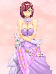  abu bangs bare_shoulders blush breast_squeeze breasts choker cleavage cowboy_shot crossed_arms dagger doily doily_background dress earrings female female flower gloves gradient gradient_background holding holding_dagger holding_weapon jewelry large_breasts nel_zelpher pink_background pink_dress purple_eyes red_hair short_hair square_enix standing star_ocean star_ocean_till_the_end_of_time veil weapon wedding_dress wedding_veil white_gloves 