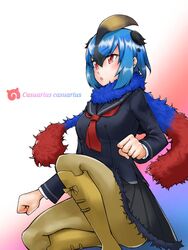  black_hair blonde_hair blue_hair boots character_name commentary_request feathered_wings female fur_trim japari_symbol kemono_friends losmal_indicus miniskirt multicolored_hair open_mouth pantyhose red_eyes sailor_collar scarf scientific_name sitting skirt solo southern_cassowary_(kemono_friends) southern_cassowary_(kemono_friends)_(old_design) wings 