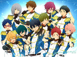  6+boys everyone free! glasses hazuki_nagisa high_speed! idol kirishima_ikuya kirishima_natsuya male_focus matsuoka_rin matsurinnu multiple_boys nanase_haruka_(free!) ryuugazaki_rei serizawa_nao shigino_kisumi shiina_asahi tachibana_makoto yamazaki_sousuke 