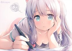  adrenaline!!! barefoot blue_eyes bow breasts chiyingzai cleavage closed_mouth collarbone commentary_request downblouse eromanga_sensei female foreshortening grey_hair hairbow hand_on_own_cheek hand_on_own_face head_rest holding izumi_sagiri long_hair looking_at_viewer lying naked_shirt off_shoulder on_stomach shirt short_sleeves sidelocks small_breasts solo squiggle stylus t-shirt tareme twitter_username 