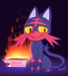  2016 ambiguous_gender black_body black_fur dawmino digital_media_(artwork) felid feral fire fur generation_7_pokemon grin hi_res litten litter_box mammal nintendo pokemon pokemon_(species) red_body red_eyes red_fur simple_background sitting smile solo yellow_sclera 