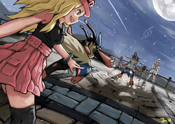  2girls absurdres bare_shoulders bicycle_helmet bike_shorts black_legwear blonde_hair brown_hair commentary_request dutch_angle fingerless_gloves gloves hat helmet highres jonathan_h korrina_(pokemon) long_hair lucario mega_lucario mega_pokemon multiple_girls open_mouth pleated_skirt pokemon pokemon_(creature) pokemon_xy ponytail roller_skates serena_(pokemon) skates skirt thighhighs 