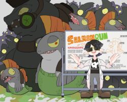  1boy arms_up bad_id bad_twitter_id black_hair black_shirt boots chalkboard chum_(splatoon) cohock_(splatoon) commentary_request lab_coat male_focus nogami_hisashi orangemad pointy_ears real_life salmon_run_(splatoon) salmonid shirt short_hair splatoon_(series) splatoon_2 steelhead_(splatoon) sunglasses tentacle_hair 