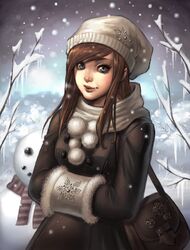  arm_warmers bad_deviantart_id bad_id bag blue_eyes brown_hair buttons coat female kate_niemczyk lips long_hair nose oekaki original satchel scarf smile snow snowing snowman winter 