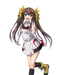  :d arms_behind_back belt black_socks brown_hair detached_sleeves female green_eyes hair_between_eyes hair_ribbon highres huang_lingyin infinite_stratos infinite_stratos_academy_school_uniform kneehighs leg_up long_hair looking_at_viewer oerba_yun_fang open_mouth ribbon school_uniform shiny_skin simple_background smile socks solo standing standing_on_one_leg twintails very_long_hair white_background yellow_ribbon 