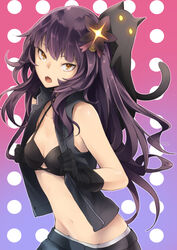  animal animal_on_head black_bow black_bra black_gloves black_hair bow bra breasts cat_on_head cleavage collarbone commentary_request feline female flower gloves groin hair_flower hair_ornament highres long_hair looking_at_viewer medium_breasts midriff navel noraico oerba_yun_fang on_head open_mouth original solo standing stomach underwear very_long_hair yellow_eyes 