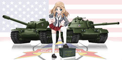  american_flag ammunition_box ass_visible_through_thighs blonde_hair blue_eyes box caterpillar_tracks commentary_request cyber_(cyber_knight) emblem female flag_background girls_und_panzer highres kay_(girls_und_panzer) leaning_forward long_hair m48_patton medium_tank military military_vehicle motor_vehicle necktie photoshop_(medium) reflection saunders_(emblem) saunders_school_uniform school_uniform simple_background skindentation skirt smile solo t110_heavy_tank tank thighhighs white_background zettai_ryouiki 