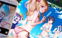  1boy 3girls bikini commentary_request day eromanga_sensei food hat izumi_masamune izumi_sagiri kaho_okashii long_hair multiple_girls one-piece_swimsuit outdoors popsicle school_swimsuit senju_muramasa short_hair side-tie_bikini_bottom signature striped_bikini striped_clothes summer swimsuit water yamada_elf 