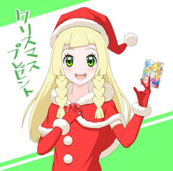  bad_id bad_pixiv_id blonde_hair christmas commentary ebinomi female gloves green_eyes hat highres lillie_(pokemon) poke_ball pokemon pokemon_sm santa_costume santa_gloves santa_hat trading_card translation_request 