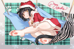  animal_ears ass black_hair blush cat_girl christmas feet female hammock hand_on_leg looking_at_viewer off_shoulder panties panties_under_pantyhose pantyhose santa_costume sheer_legwear soles tail toes underwear yellow_eyes 