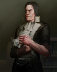  1boy aged_up algorithmus animal ascot black_hair black_pants blue_eyes book cheekbones commentary_request dark feline forehead grey_eyes headpat high_collar highres holding holding_animal holding_cat indoors kyokugen_dasshutsu kyokugen_dasshutsu_adv:_zennin_shibou_desu large_hands long_sleeves looking_at_viewer male_focus o-ring pants sigma_klim silver_trim solo spoilers standing veins veiny_hands white_ascot white_cat wrinkled_skin 