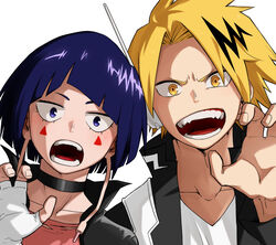  bangs blonde_hair blue_eyes blue_hair blunt_bangs blush boku_no_hero_academia choker earplugs facial_mark female fingerless_gloves gloves half-closed_eyes hands headphones jirou_kyouka kaminari_denki komiya_harumoto looking_at_viewer multicolored_hair open_mouth plug simple_background streaked_hair teeth upper_body white_background yellow_eyes 