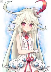  buttons choko_(last_period) commentary_request dress female gloves hair_ornament last_period long_hair looking_at_viewer nayuhi_(yukimuu14) purple_eyes sleeveless sleeveless_dress smile solo upper_body very_long_hair white_dress white_gloves white_hair 