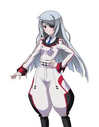  blue_necktie eyepatch female grey_hair hand_on_own_hip highres infinite_stratos infinite_stratos_academy_school_uniform jodhpurs laura_bodewig long_hair looking_at_viewer military military_uniform necktie pants red_eyes school_uniform simple_background solo standing uniform very_long_hair white_background 