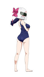  ass bakuon!! blue_hair blush bow braid breast_hold breasts commentary_request crossed_arms female from_behind full_body hairbow helmet highres kawasaki_raimu kneepits large_breasts long_hair one-piece_swimsuit profile school_swimsuit simple_background single_braid solo standing swimsuit v white_background yoshida_keiji 