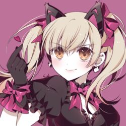  black_cat_d.va black_dress black_gloves blonde_hair blush bow brown_eyes chinese_commentary cleavage_cutout clothing_cutout commentary_request d.va_(overwatch) dress earrings eye_focus female gloves hairbow hand_up heart heart_earrings jewelry kaoruru_(sakuno2911) looking_at_viewer overwatch overwatch_1 pink_bow puffy_short_sleeves puffy_sleeves purple_background short_sleeves signature smile solo twintails upper_body v-shaped_eyebrows 