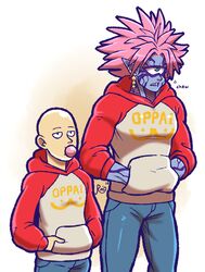  alien alternate_costume bald blue_skin bubblegum casual cyclops earrings green_eyes highres hood hoodie jewelry lord_boros male_focus matching_outfit multiple_boys one-eyed one-punch_man pink_hair pointy_ears raglan_sleeves raiphen saitama_(one-punch_man) sharp_teeth signature spiked_hair sweater teeth 