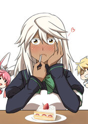  1boy 2girls bad_id bad_pixiv_id blonde_hair blush blush_stickers brown_eyes cake cake_slice dark-skinned_female dark_skin eating elphelt_valentine eyepatch food fruit grin guilty_gear guilty_gear_xrd hat multiple_girls naginoya pink_hair ramlethal_valentine silver_hair sin_kiske smile strawberry strawberry_shortcake 