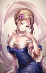  bare_shoulders blue_dress blue_eyes braid character_request commentary_request crown_braid dress female hair_ornament jewelry looking_at_viewer necklace official_art parted_bangs pearl_necklace sekai_no_rekishi_jinbutsu_jiten silk sitting smile solo tokumaru 