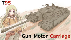  blonde_hair commentary_request english_text female green_eyes hand_on_own_hip handa_roco highres holster idolmaster idolmaster_million_live! jacket long_hair military military_jacket military_vehicle motor_vehicle t28_super_heavy_tank tank tank_destroyer zawashi 