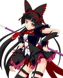  black_dress black_hair black_thighhighs commentary_request detached_sleeves dress female frilled_dress frills garter_straps gate_-_jieitai_ka_no_chi_nite_kaku_tatakaeri gothic_lolita gv_natsuno highres lolita_fashion long_hair purple_eyes red_ribbon ribbon rory_mercury simple_background smile solo thighhighs white_background 